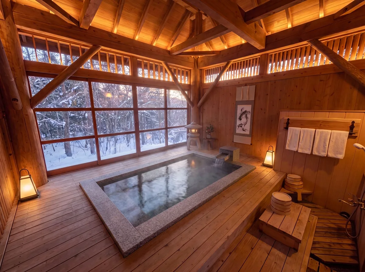 The bath house: a granite tub under cedar, lanterns lit, snow-covered forest through a full wall of glass