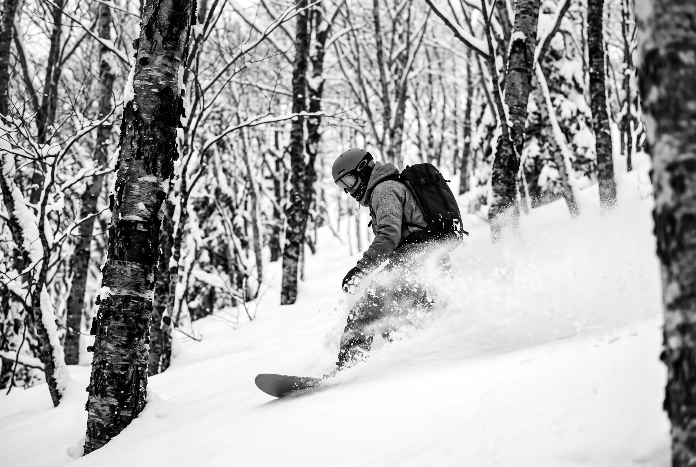 A snowboarder threading deep powder between snow-covered birch trunks